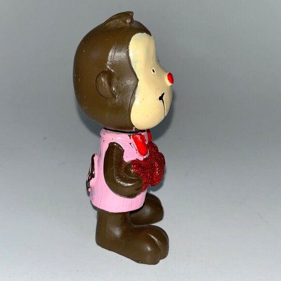 Valentine’s Day Monkey Bobblehead Nodder Pink Shirt Holding Red Hearts Figurine - Picture 2 of 5
